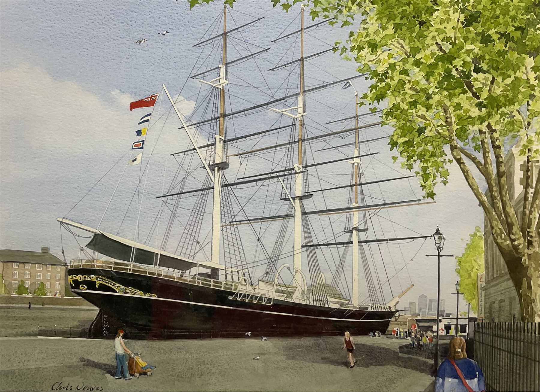 Chris Neaves (British 20th century): 'Cutty Sark', watercolour signed, exhibition label verso 30cm x 41cm