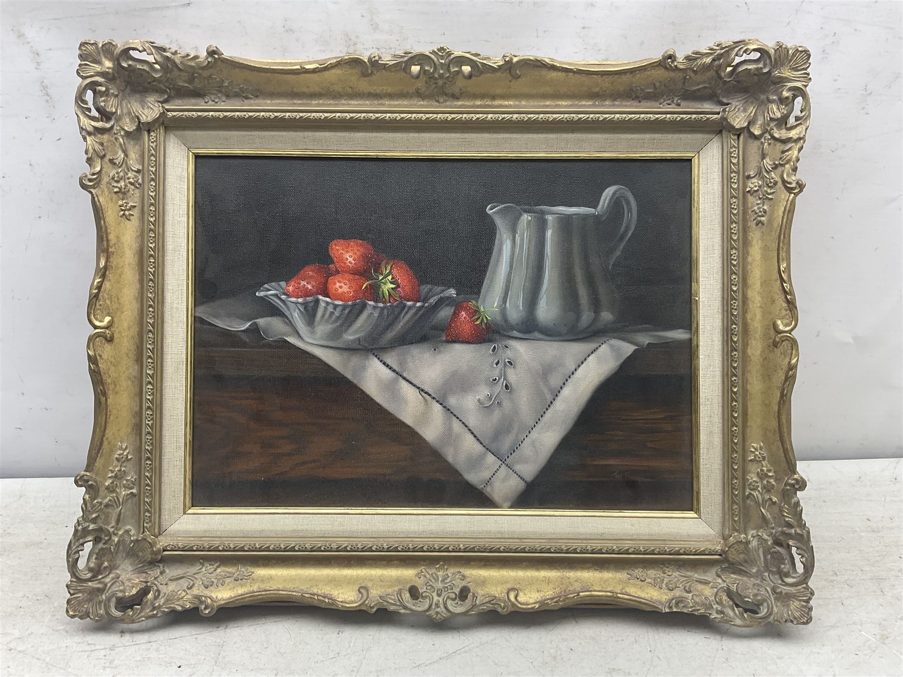Tim Brough (British 20th century): Still Life with Strawberries, oil on canvas signed 24cm x 34cm