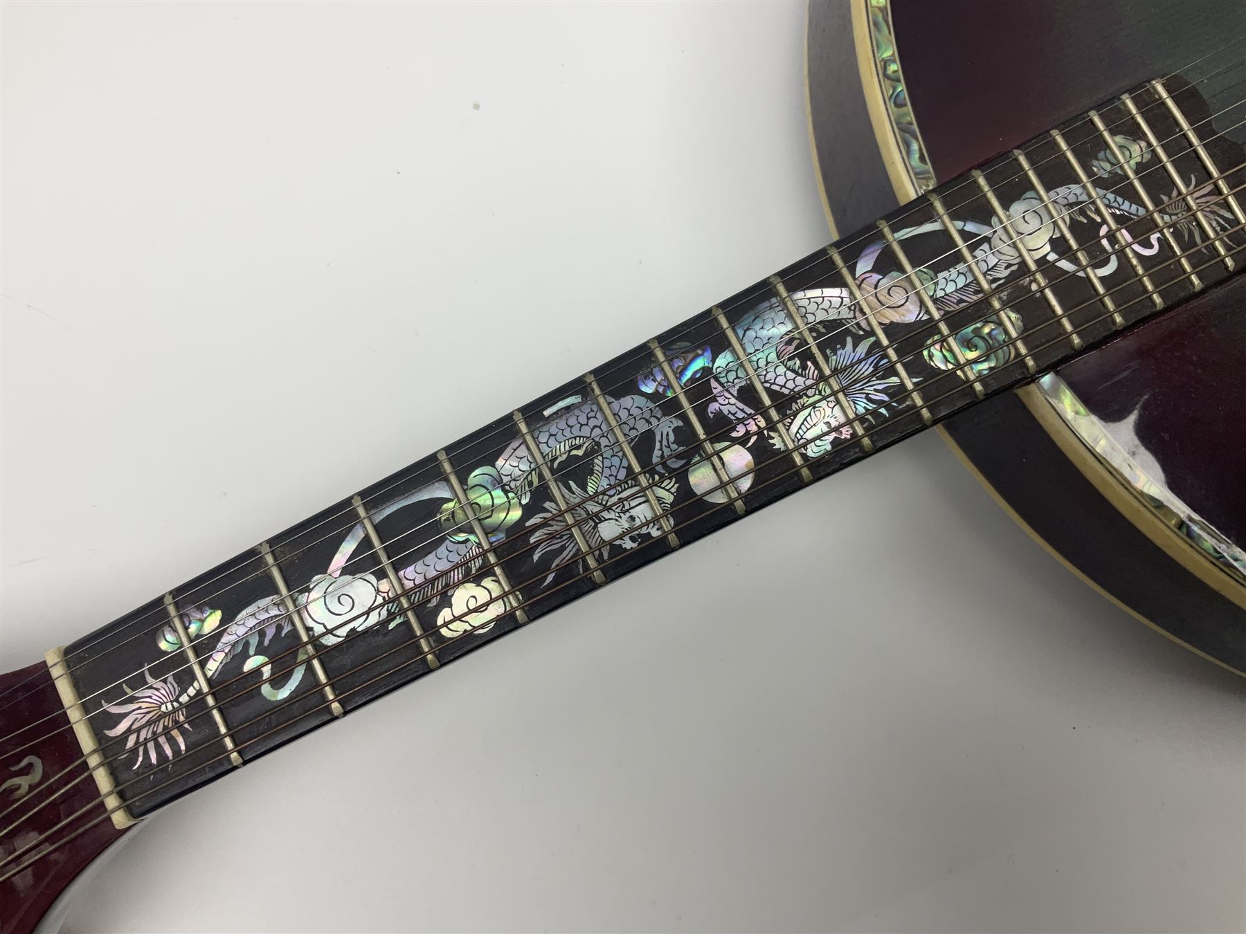 Chinese F-hole eight-string mandolin with sunburst finish, mother-of-pearl inlay of dragons chasing the flaming pearl and dragon carved headstock L71cm