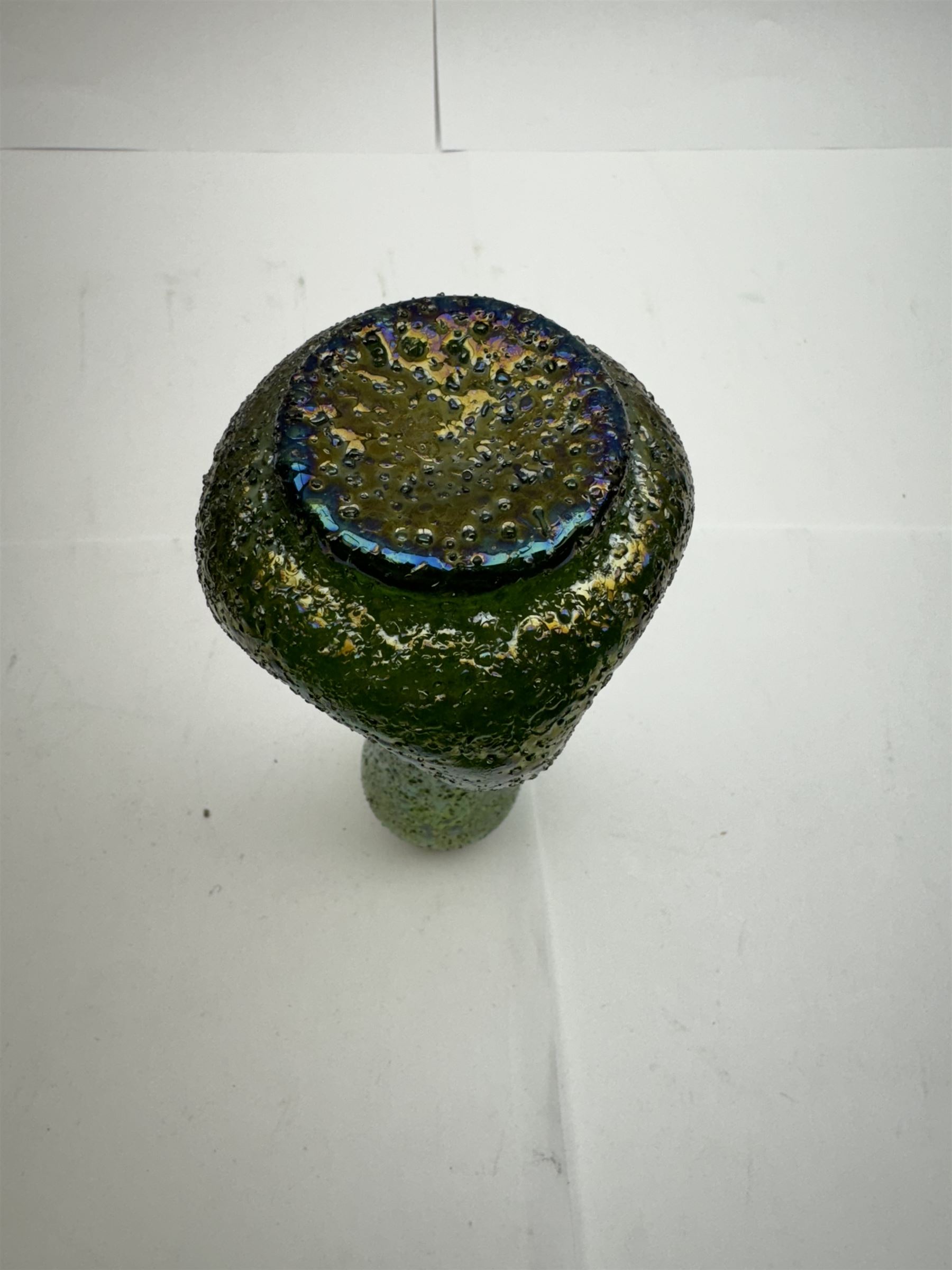 Three Austrian Art Nouveau green iridescent glass bottleneck vases, probably Rindskopf, to include one example with hallmarked silver collar, tallest H18cm (3)
