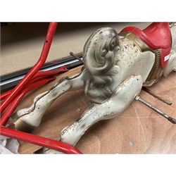 1960's Mobo Toys (David Sebel & Co) Prairie King spring rocking horse on stand, painted pressed steel construction, red tubular stand, trademark red and yellow circular Mobo logo, 100cm long (dismantled)