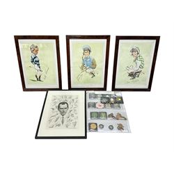 Enamel Horse racing members badges, together with three framed signed racing characters jockey prints, including Steve Smith Eccles, Willie Shoemaker and Greville Starkey, and one other print