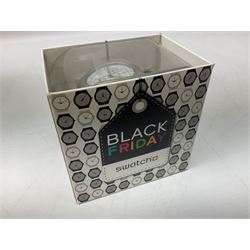 Swatch Irony chronograph stainless steel quartz wristwatch, on original tan leather strap and one other Irony quartz wristwatch, on stainless steel strap both boxed (2)