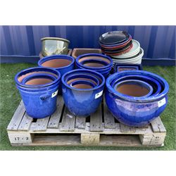 Collection of blue glazed plant pots and planters, various shapes and size, D-shaped planters, glazed plates etc. - THIS LOT IS TO BE COLLECTED BY APPOINTMENT FROM DUGGLEBY STORAGE, GREAT HILL, EASTFIELD, SCARBOROUGH, YO11 3TX