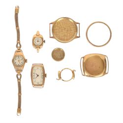 Collection of 9ct gold wristwatch cases, three with movements, one with 9ct gold bracelet strap