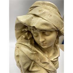 Plaster portrait bust of a lady donning head scarf, raised upon shaped plinth, signed 'Maurach' to reverse, H45cm