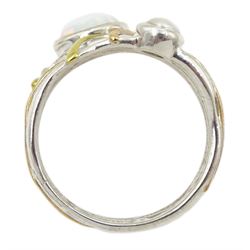 Silver and 14ct gold wire opal and pearl ring, stamped 925 