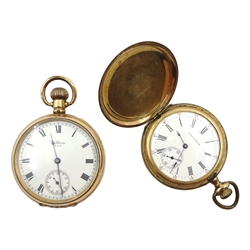 Waltham U.S.A Traveller gold-plated pocket watch, top wind, movement No.18748715, case by Dennison and a Waltham Mass gold-plated full hunter pocket watch No. 1441315, case by Keystone