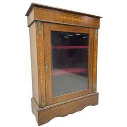 Victorian walnut pier cabinet, moulded rectangular top over inlaid frieze, decorated with gilt metal mounts and beading, the glazed single door flanked by inlaid uprights, on moulded plinth base