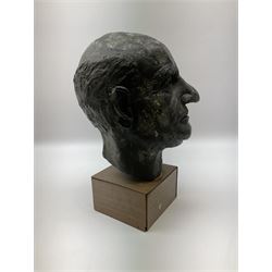 Composite stone bust of a man on a square plinth, H34cm