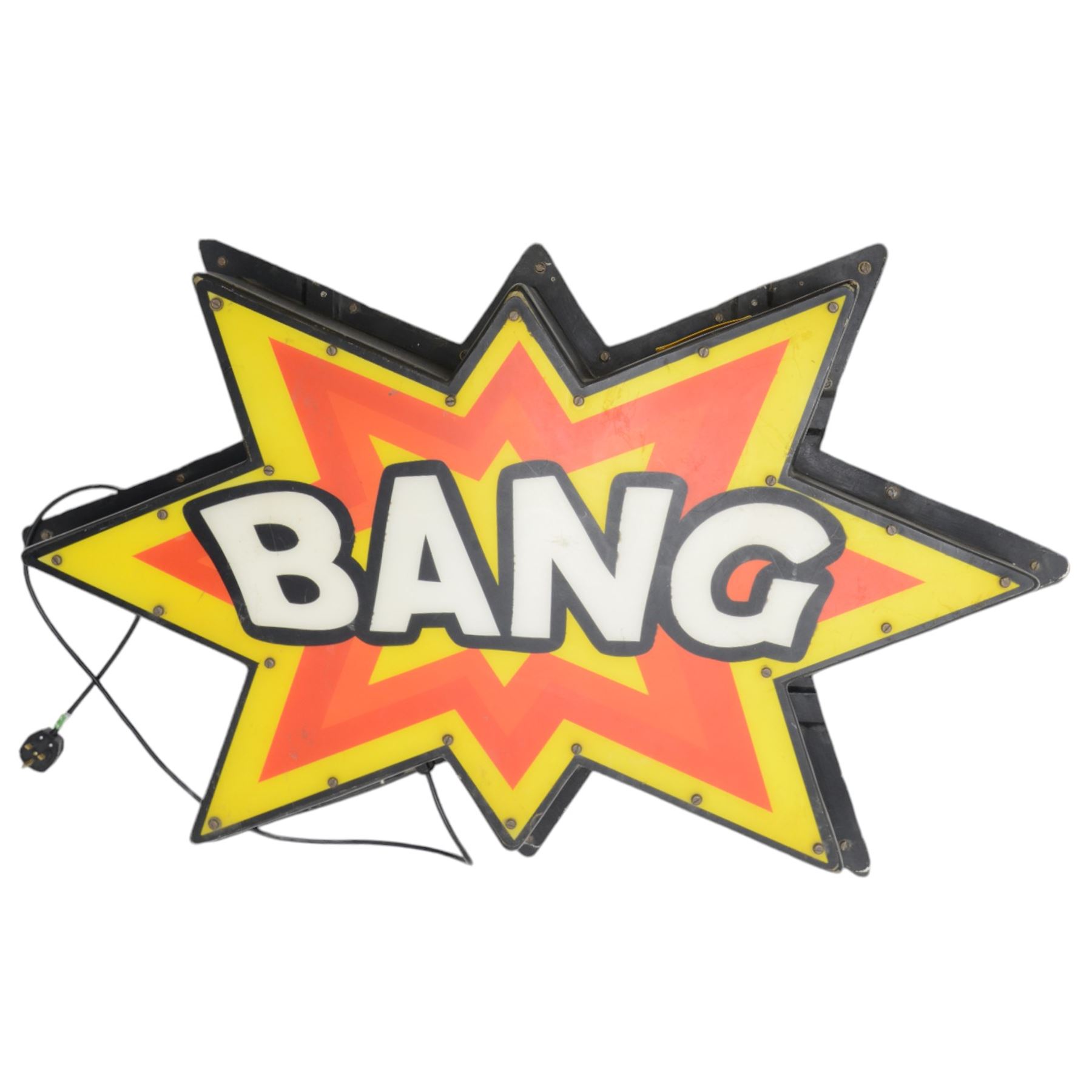 'Flash' 'Bang' and 'Wallop', set of three fibreglass and plastic illuminated signs H80cm W135ch D18cm (3) 
Provenance: previously part of the Blackpool Illuminations. Purchased by Drew Pritchard on the first ever day of filming the television program Salvage Hunters in 2011, and featured in the opening sequence of the first series. Purchased by Kane in the second programme, and mounted on top of 'The House'.