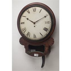  Early 19th century mahogany cased drop dial wall clock, 12'' white Roman dial, single fusee movement, case brackets carved with fans, inlaid with brass, H50cm  