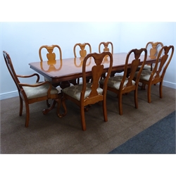  Walnut twin pedestal extending dining table (112cm x 237cm, H76cm),  and eight (6+2) dining chairs, shaped cresting rail, harp sharped splat, upholstered seat  