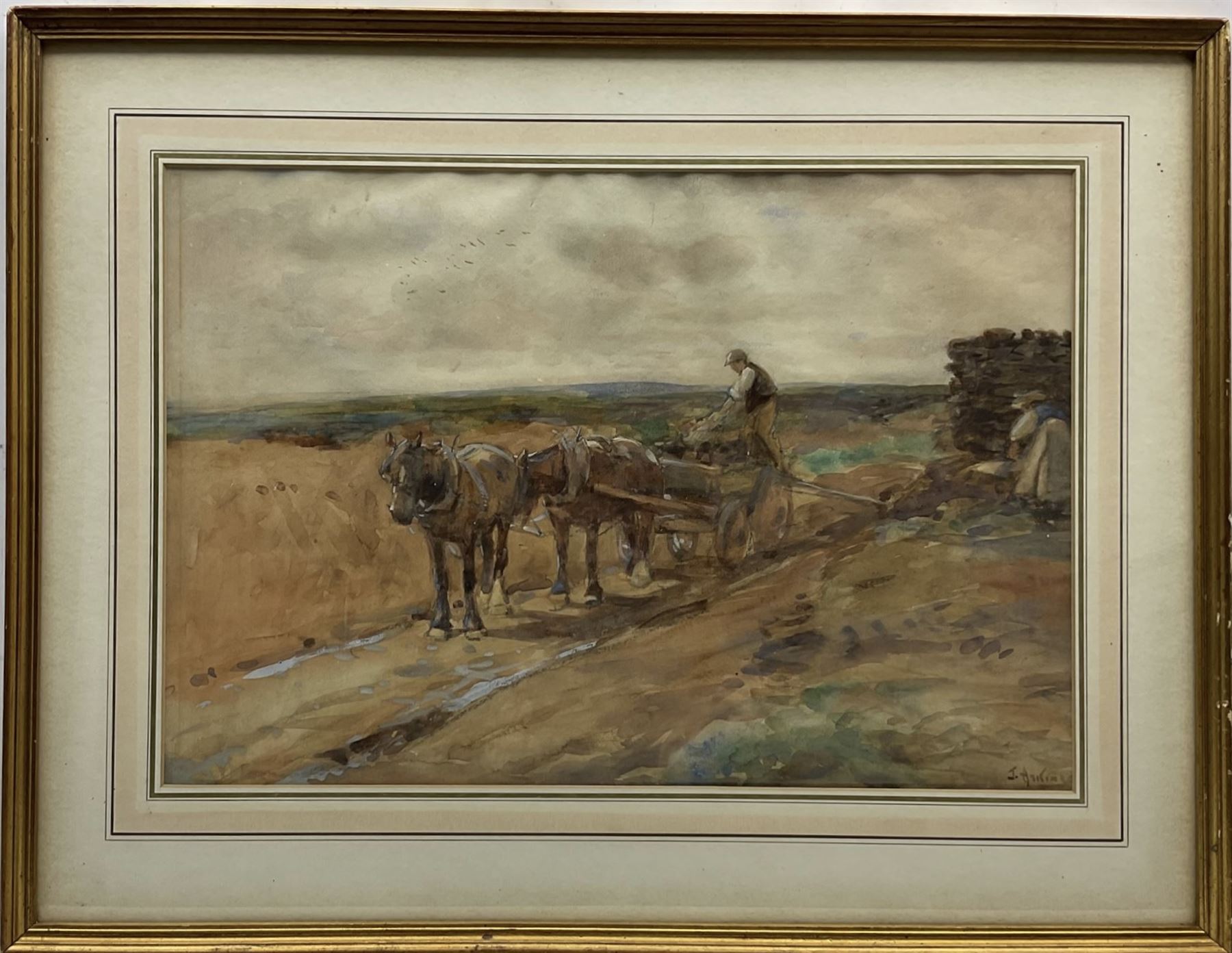 John Atkinson (Staithes Group 1863-1924): 'Cutting Peat', watercolour heightened in white signed, titled verso 37cm x 54cm
Provenance: with Christopher Wood, Motcomb St., London, label verso