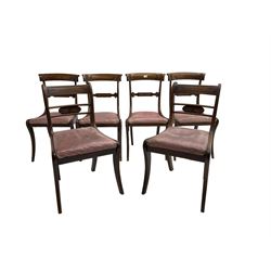 Set four late regency mahogany dining chairs, cresting rail carved with shell decoration, reeded centre rail with flanking lobe carving, upholstered seats with reeded seat rail, on sabre supports; pair regency mahogany dining chairs, carved cresting and centre rails with upholstered seats, raised on sabre supports