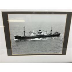Set of twelve monochrome photographs of mid-20th century merchant vessels comprising general cargo ships, cargo liners, RMMV passenger cargo liners and hospital ship including Rowallan Castle, Drakensberg Castle, Stirling Castle, Capetown Castle, Pachumba, Tilapa etc; average size 18 x 24cm; uniformly mounted in black frames (12)