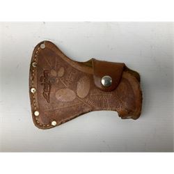 Estwing Black Eagle style double bit throwing axe with leather grip, virtually mint with labels present, plastic blade protectors and nylon sheath L43cm; another smaller Estwing axe stamped 24A to the pommel, with leather grip and sheath; and a vintage short handled hedge knife, the blade stamped IH (?) No.2 (3)