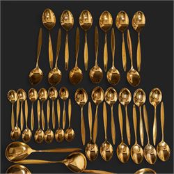 Extensive suite of WMF 800 silver gilt cutlery, for twelve covers, comprising twelve table knives and forks, fish knives and forks, dessert forks, table spoons, dessert spoons, teaspoons, eleven dessert forks and six serving spoons, with crescent moon and crown WMF hallmarks