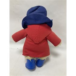 Gabrielle Designs Paddington Bear c.1981 with original labels, felt blue hat and red coat with blue rubber boots marked PB 1980  