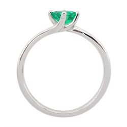18ct white gold emerald ring, four claw set with a single square cut emerald of approx 0.30 carat, stamped 750