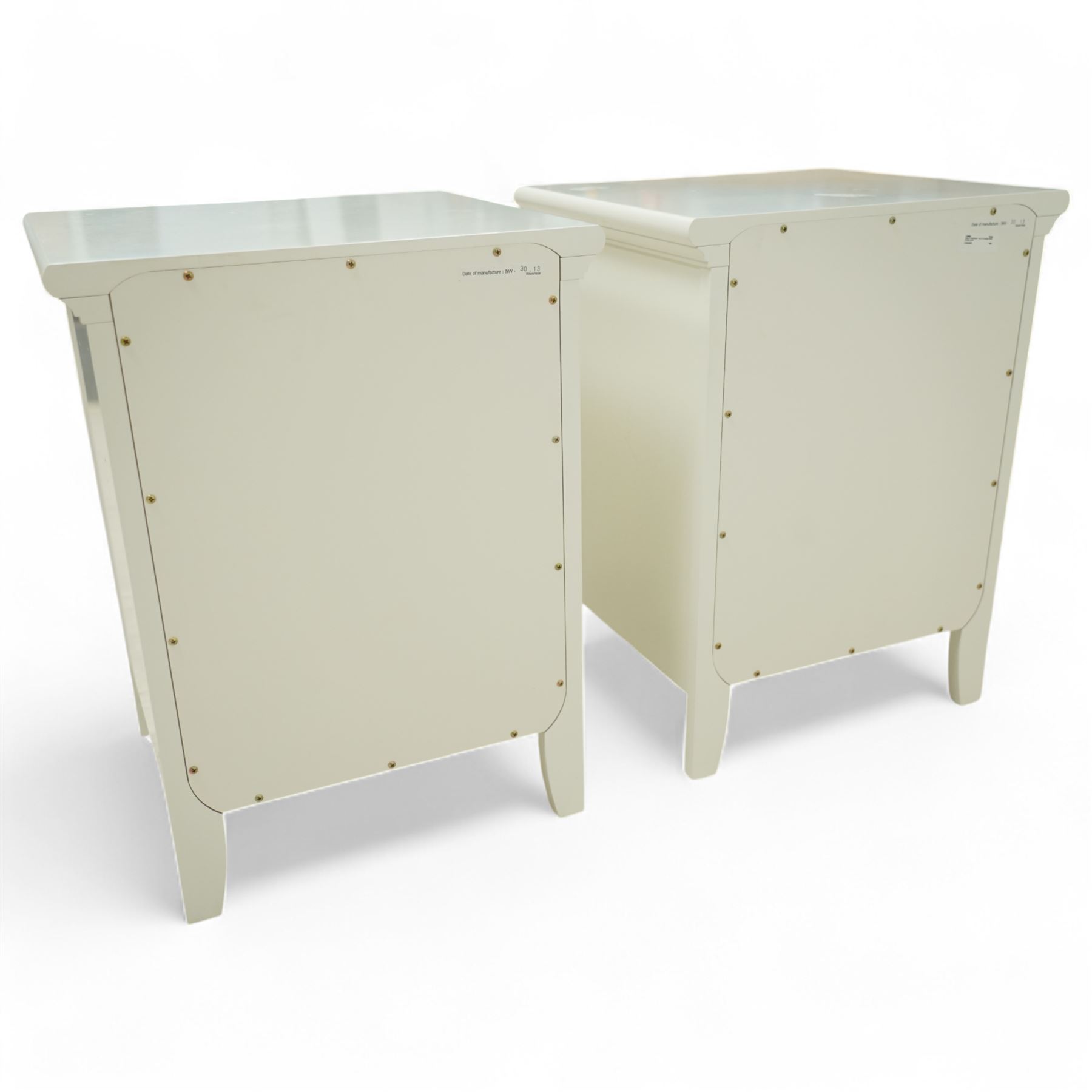 Barker & Stonehouse - pair of Carrington white bedside chests, each with moulded rectangular top over single drawer with brushed steel cup handle, open shelf below, on bracket feet