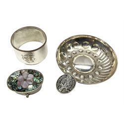 French silver plated wine taster of typical form, stamped, together with a silver plated napkin ring, and an 'Alpaca Silver' pill box with mother of pearl detailed cover, (3) together with Two pairs of late 19th/early 20th century Chinese Lotus shoes for binding feet, the first with purple silk heavily embroidered with ornate floral motifs, L10cm the second larger fuschia and black pair with thicker sole embroidered with flowers, L14cm