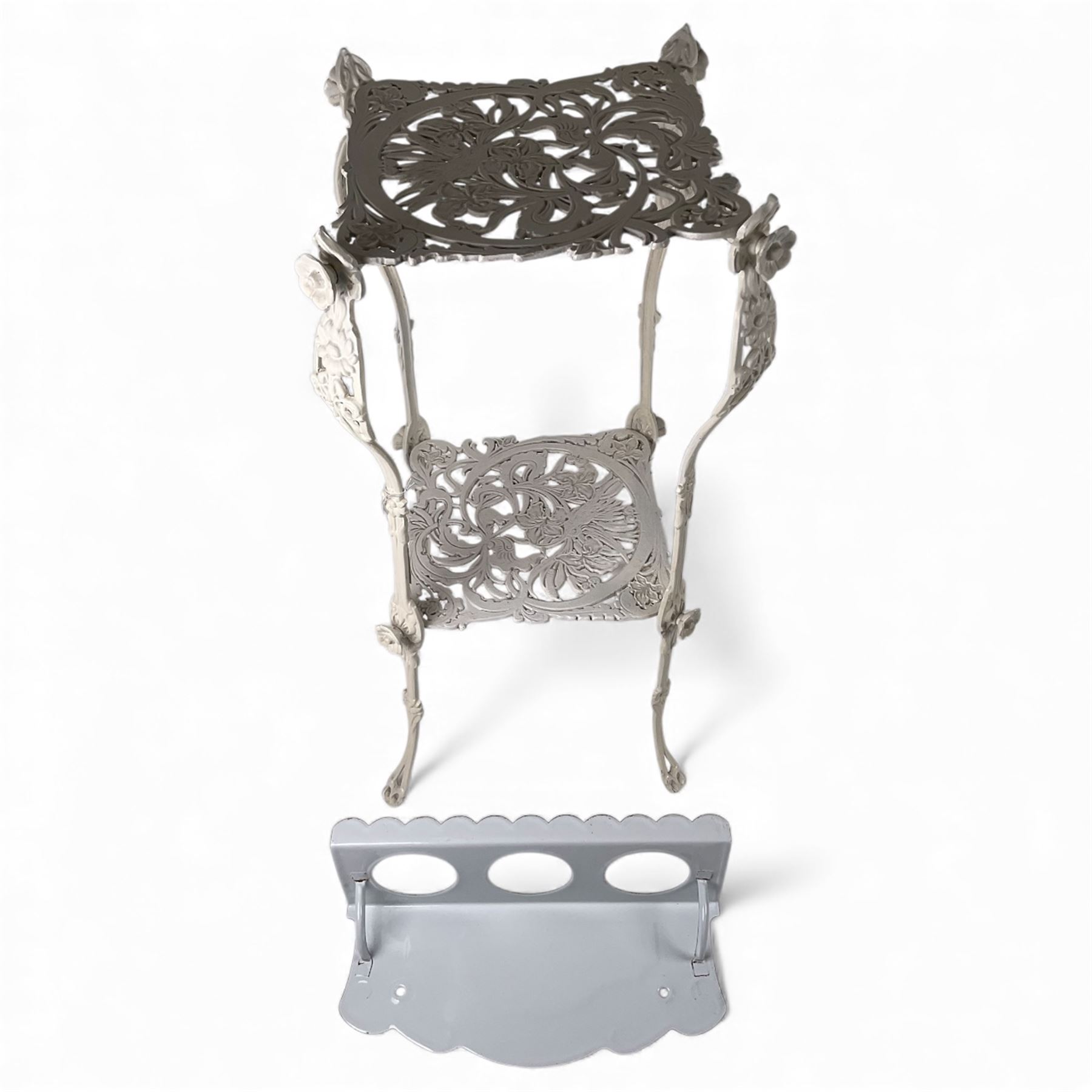 Cast metal white jardinière stand and a white enamel shelf (2)
