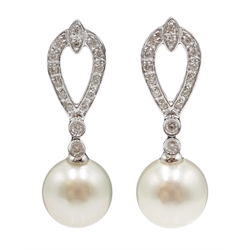  Pair of 18ct white gold diamond and pearl pendant earrings, hallmarked  