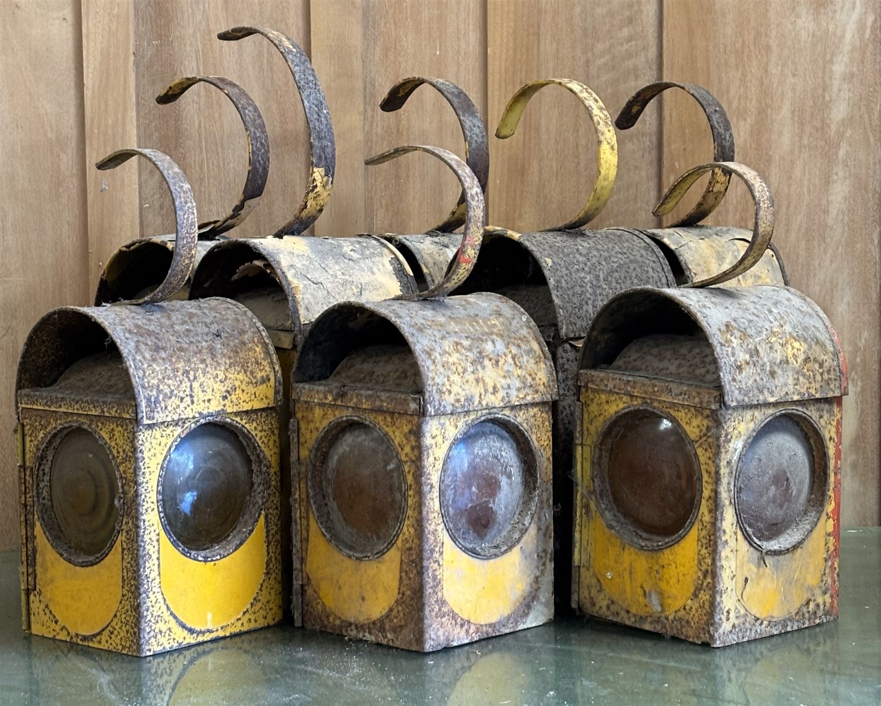Group of eight rail work paraffin lamps, tallest H49cm.  - COLLECTION BY APPOINTMENT FROM: The White House, Thirsk Road, Easingwold, York, YO61 3NF - CALL 01723 507111 TO ARRANGE