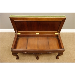  Late 20th century mahogany duet piano stool, hinged upholstered top, on six acanthus leaf carved cabriole legs with ball and claw feet, by Stuart Gott of Pickering/Sawdon, W100cm, H55cm, D44cm  