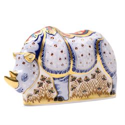 Royal Crown Derby  White Rhino paperweight from the Endangered Species series, gold stoppe...
