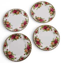 Royal Albert Country Rose tea service for six, comprising teapot, milk jug, covered sucrier, dessert plates, two sandwich plates, cups and saucers 