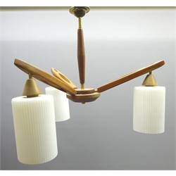  1960's three branch centre light fitting with opaque ribbed glass shades, L49cm x H40cm   