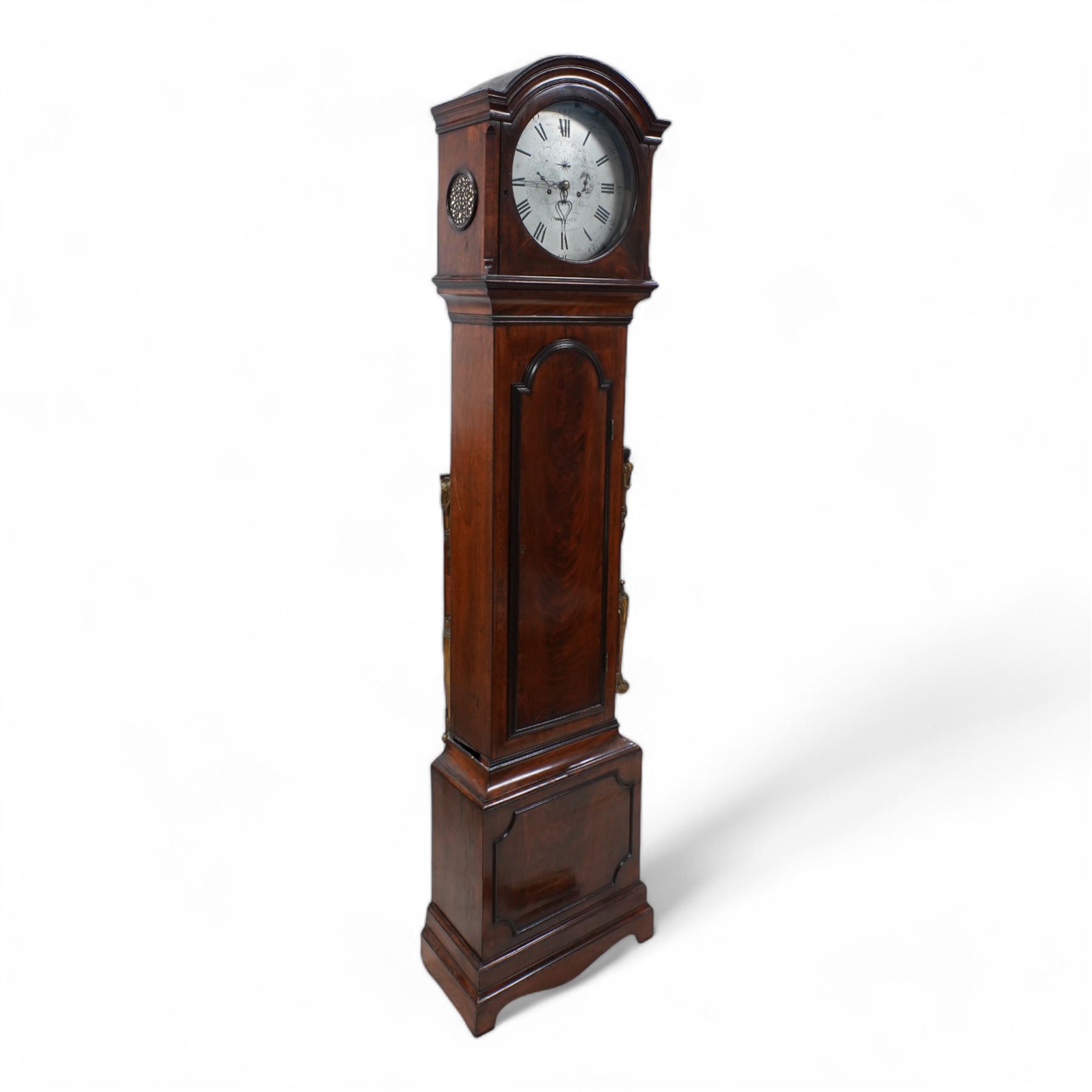 Michael Gottlob Schwarz of London-Early 19th century 8-day mahogany domestic regulator clock c1800, hood with a break arch pediment, silk backed side frets and circular glazed hood door, trunk with a conforming door on a rectangular plinth with a stepped base, silvered dial with an engraved centre, subsidiary seconds, date and strike/silent dials, engraved minute track, Roman numerals, five minute Arabic's and matching steel hands, five pillar rack striking movement with a dead beat escapement striking the hours on a bell. With two brass cased weights, pendulum and key.  
