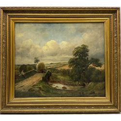 Septimus Dawson (British c.1852-1890): 'Landscape near Scalby Station' Scarborough, oil on canvas signed with initials, titled and signed on the stretcher 50cm x 60cm
Notes: Dawson born in Sunderland, son of a Shipwright, was working in Scarborough as early as 1881. Listed as an artist in the Scarborough Directory for 1890 with an address at 40 St. Thomas Street.