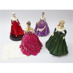  Three Royal Worcester figures 'Winter Palace', 'Amberley Ball' and 'The Maiden of Valour' and Royal Doulton figure 'Winters Walk' three with certificates (4)  