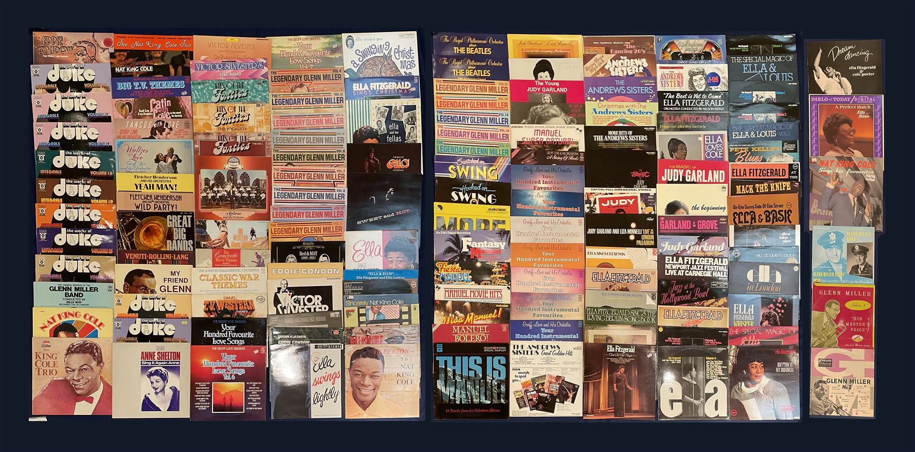 Large quantity of vinyl records including, 'Duke Ellington Jungle triangle', 'Duke Ellington Magenta Haze', various other Duke Ellington, 'Harry Roy & His Band There Goes That Song Again' etc, approximately 500 in five boxes