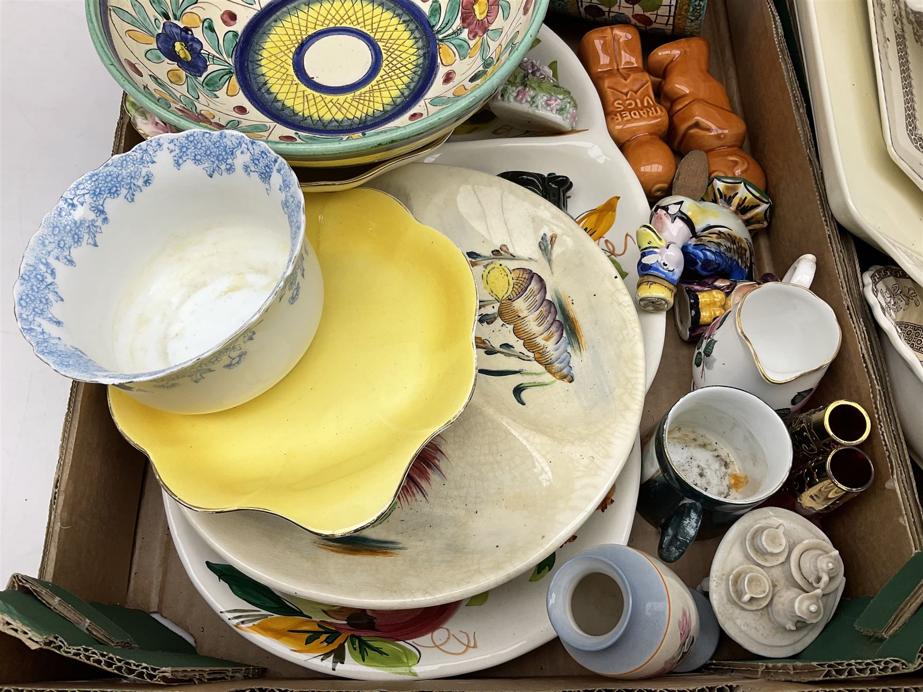 Large quantity of Victorian and later ceramics to include Spode Velamour twin handled vase, Bavaria Schumann Arzberg large circular stand and vase, Beswick Ware,  Spode, blue and white, Hanley and G Meakin, tea wares, figures, West German vase etc in six boxes