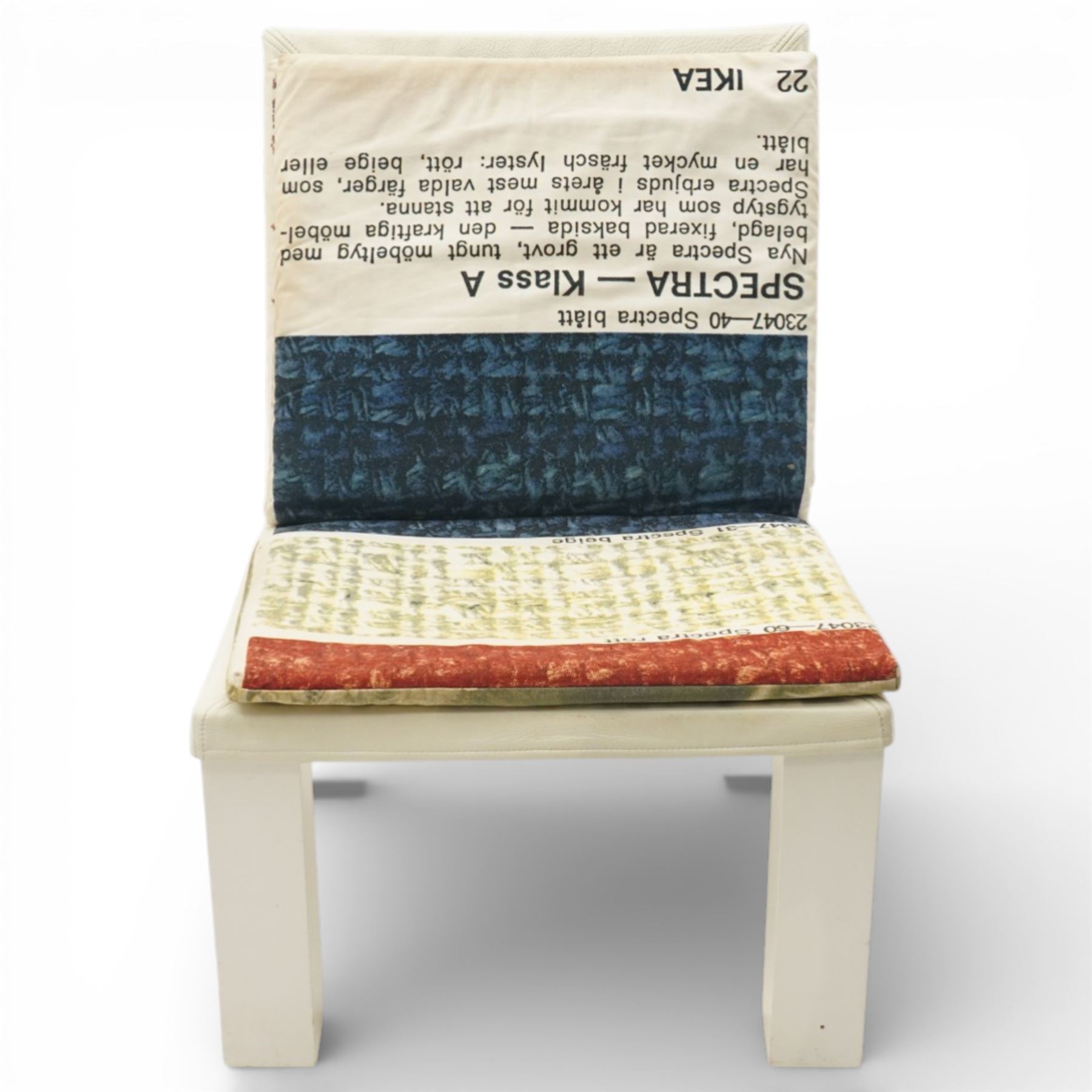 IKEA - ‘Selma’ chair designed by Front in 2009, the shaped wooden frame with white leather back and trim, fitted with cotton cushions with four interchangeable prints inspired by Swedish textile history