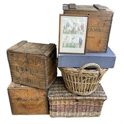 Two wicker baskets, three pine lidded bottle crates with quantity of glass bottles, comprising one with R.L. June & Co Ltd Mansfield black lettering and pair detailed Mandora Soft Drinks, Mappin & Webb blue cardboard box and framed With the Colours Punch 1924 print, larger basket W60cm