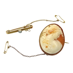  Gold mounted cameo brooch and gold bar brooch set with an opal, both stamped 9ct   