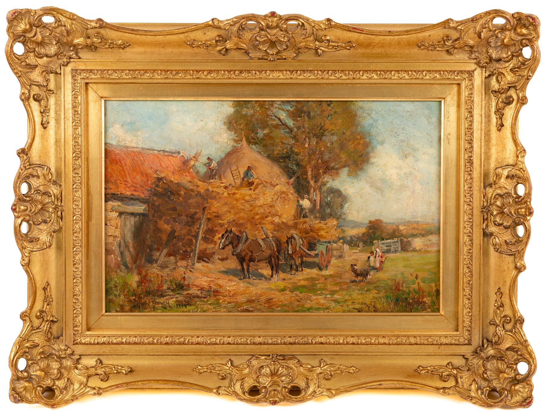 Owen Bowen (Staithes Group 1873-1967): Building a Hayrick, oil on canvas signed and dated 1900, 28cm x 45cm 
Provenance: private collection, purchased Tennants Auctioneers 22nd May 2021 Lot 226