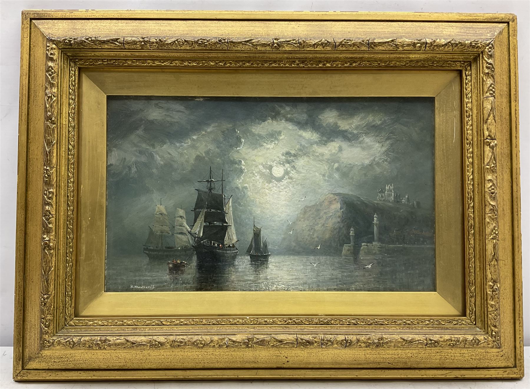 Richard Weatherill (British 1844-1913): Sailing Ship at Anchor by Moonlight in Whitby Harbour, oil on board signed 22cm x 37cm
Provenance: North Yorkshire deceased estate