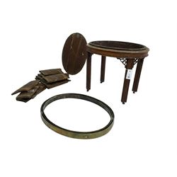 19th century oak and brass coopered wine cooler, oval form, the stand on moulded supports with pierced brackets, brass castors - in need of restoration 