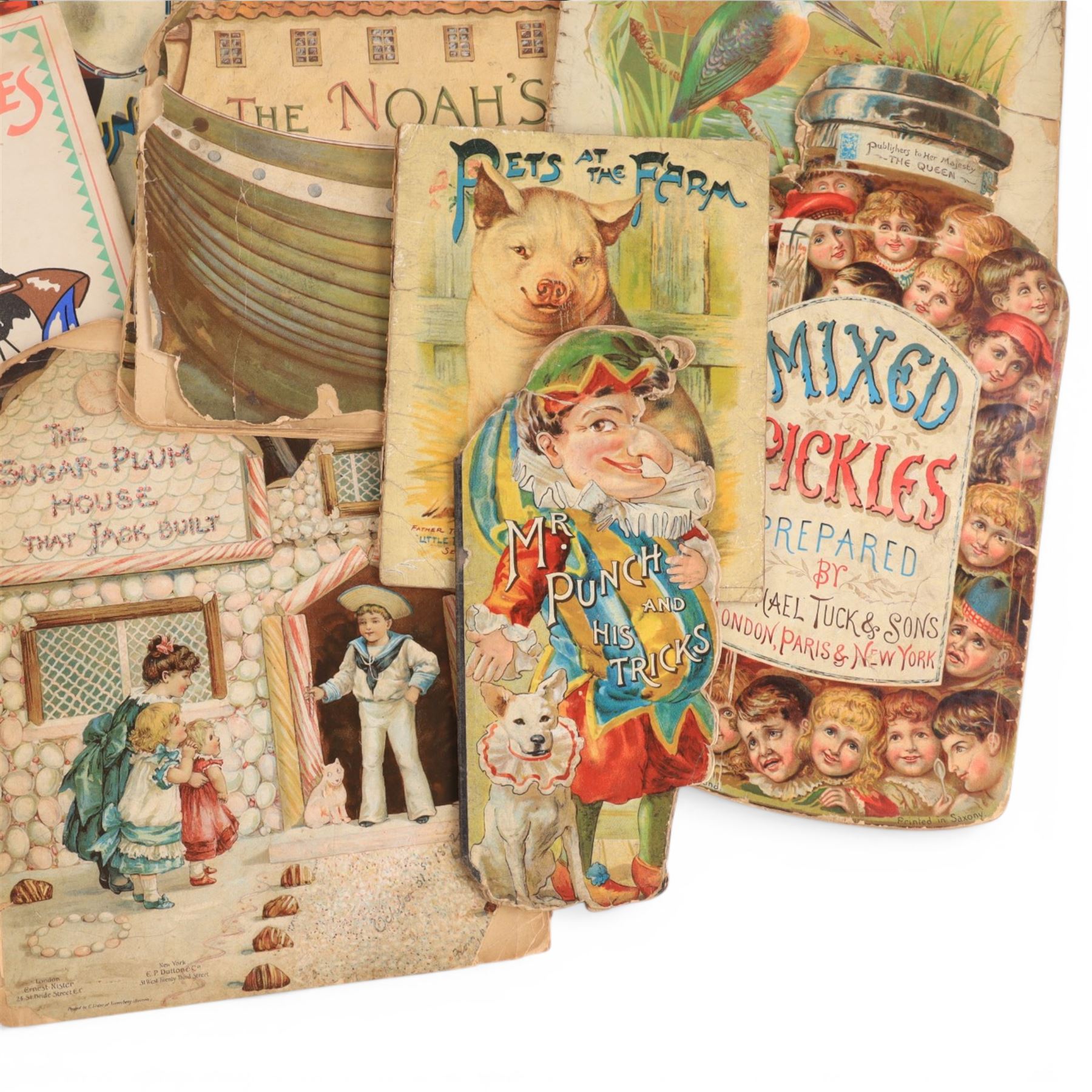 Fifteen late 19th/early 20th century children's picture books, comprising eleven published by Raphael Tuck & Sons, titles including Pleasant Hours Painting book, Boo-Boo the Barrage Balloon, The Timber Toes, At the Sound of the Drum, Coronation Procession Panorama, Horace and the BBC, Dolly's Dressmaker, Puppy Dogs ABC, Pets at the Farm, Mr Punch and His Tricks and Mixed Pickles Prepared, and four published by Ernest Nister, titles including Dicky Bird Land, The Sugar Plum House That Jack Built, The Noah's Ark and A Day at the Seaside