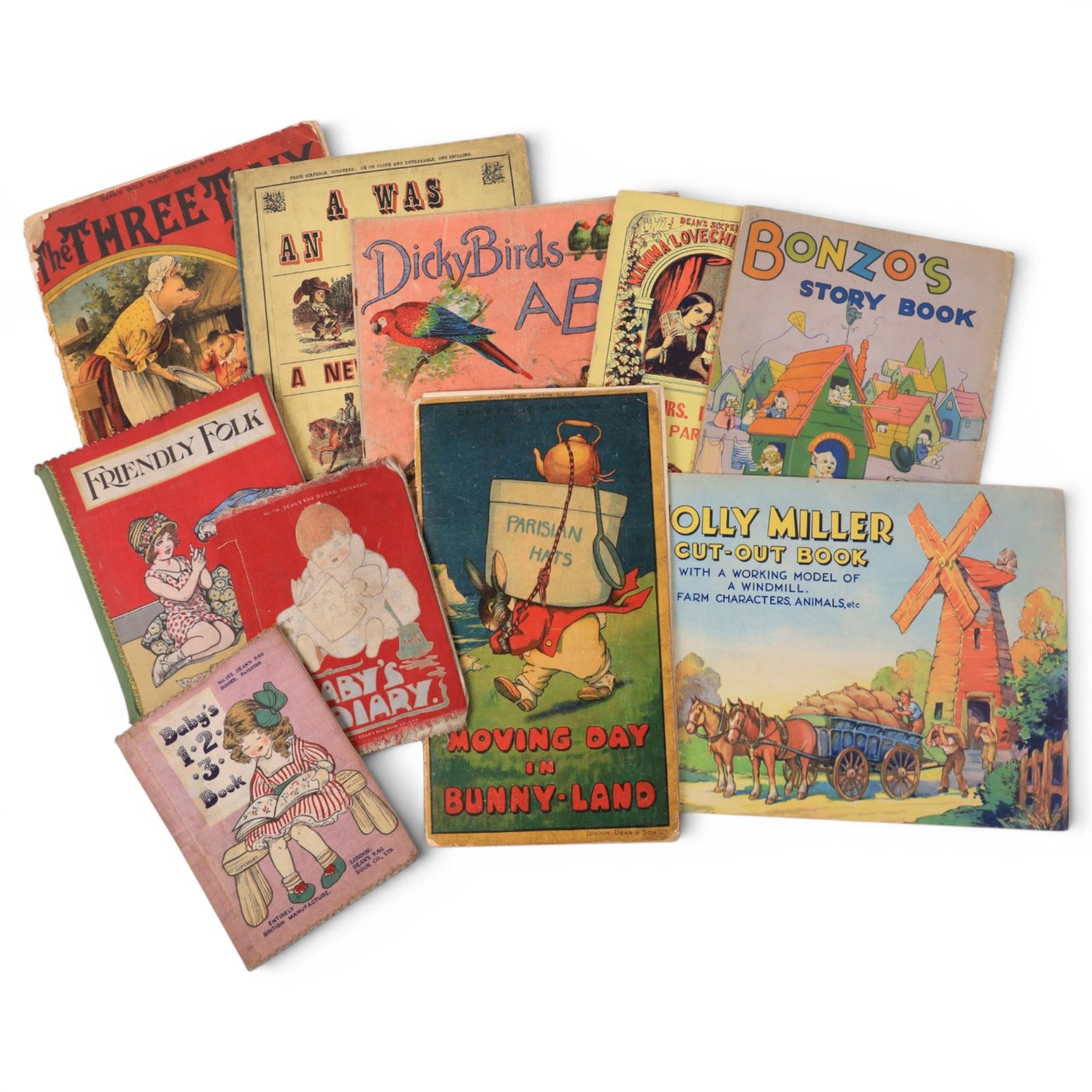 Ten late 19th/early 20th century children's picture books, published by Dean/Dean's Rag Book, titles comprising Moving Day in Bunny Land, The Jolly Miller Cut Out Book, Bonzo's Story Book, Mrs Dove's Party, Dicky Birds ABC, Baby's 123 Book, Friendly Folk, Baby's Diary, A Was An Archer and The Three Tiny Pigs