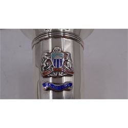 1920s silver trumpet vase, with shaped rim and knopped stem, upon spreading filled foot, H23cm, hallmarked Marson & Jones, Birmingham 1927, together with a smaller example, of faceted form, with dart rim and applied enamel crest, with 'S.S.Orford' inscribed on enamel plaque below, upon stepped filled foot, H12.5cm, hallmarked Mappin & Webb Ltd, Birmingham 1928