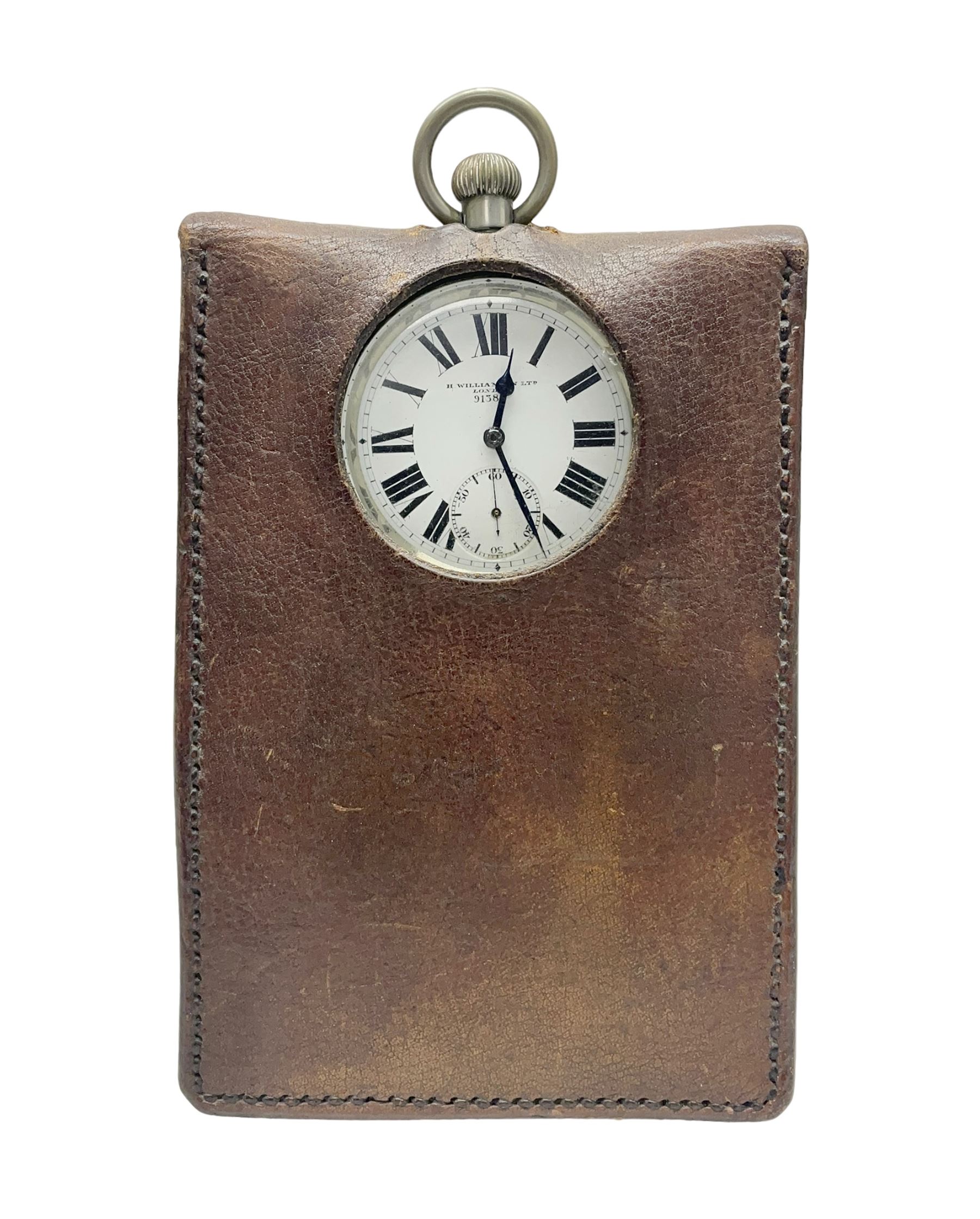 Early 20th century British Army officer's campaign clock in the form of a key-less wind nickel cased pocket watch with white dial, Roman numerals and subsidiary seconds dial, inscribed H. Williamson Ltd. London 9138F, the back with broad arrow and 9138F; in leather travelling case with dial aperture and brass easel support H14cm