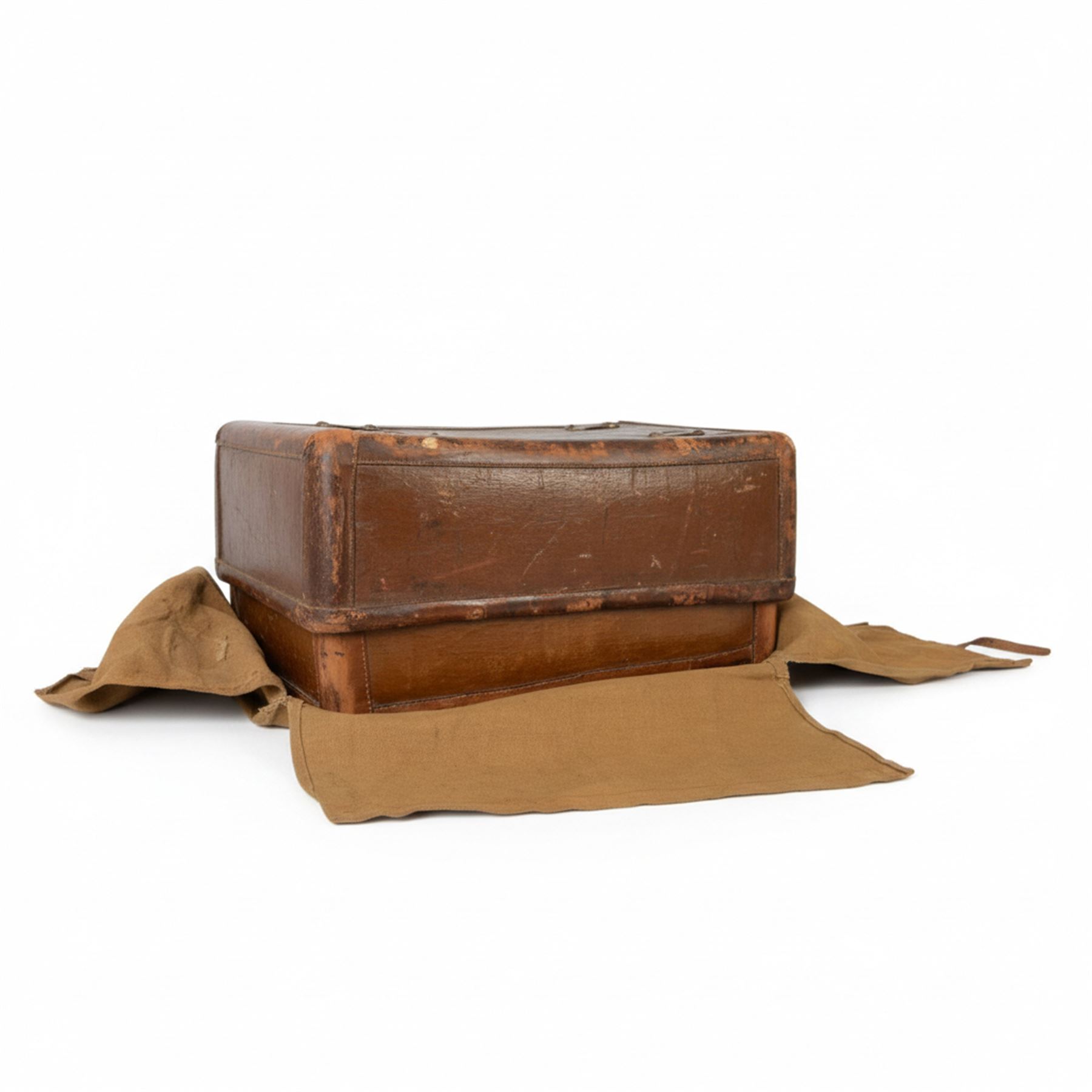 WWII Japanese Officer's leather trunk or Kori, the interior with document compartment,  within a canvas cover the top printed with the officers name, H26cm L70cm