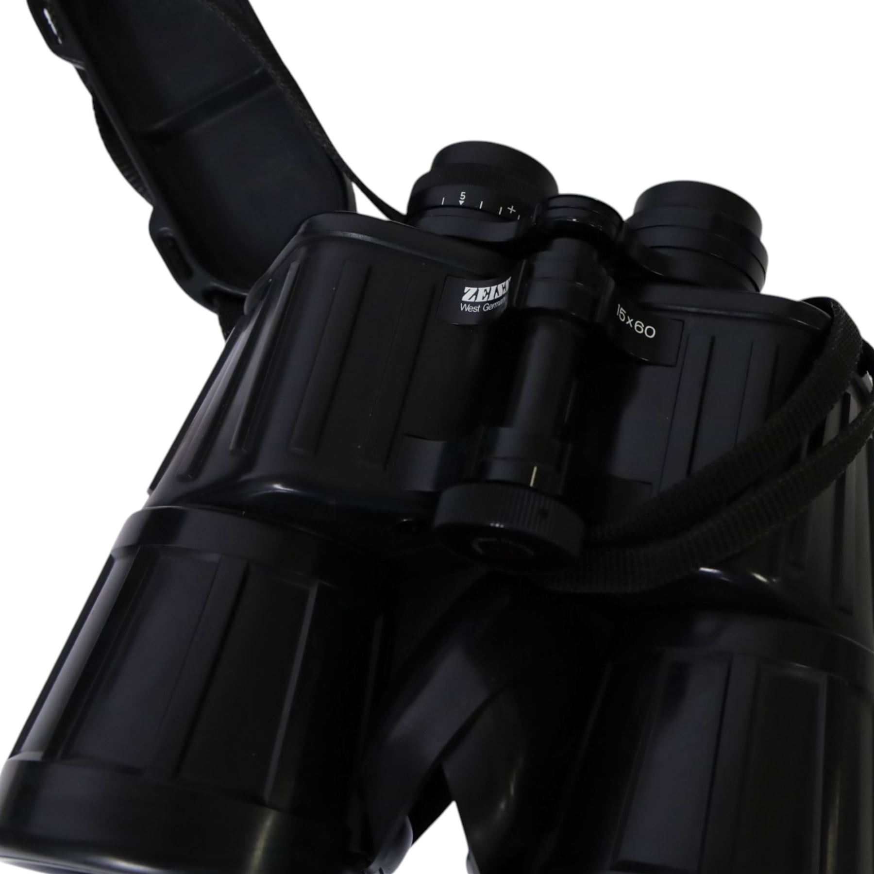 Pair of Zeiss 15x60 T* Marine Binoculars, black rubber armoured body with attached rubber lens covers, serial number 205269, made in West Germany, with Carlton soft carry case and long strap